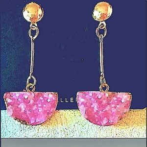 PINK DRUZY HALF MOON EARRINGS DROPS ON GOLD LONG BAR POST STUD LIGHTWEIGHT CUTE